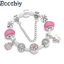 Boosbiy Silver Plated Crystal Pink Butterfly & Ladybug Pendats Charm Bracelet For Women Fits Brand Charm Bracelet Jewelry Gift 2024 - buy cheap