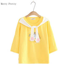 Желтая повседневная женская футболка на шнуровке с мультяшным принтом, летняя футболка с круглым вырезом и коротким рукавом в Корейском стиле 2020 2024 - купить недорого