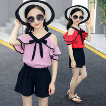Two-Pieces Set Summer Girls Chiffon Clothes Outfits Backless Shoulderless Straps Tops Shorts Clothing For 4 6 7 8 10 12 14 Years 2024 - buy cheap