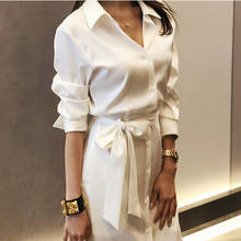 White Shirt Dress Women Spring Long Sleeve Sashes Elegant Office Lady Dress Button Up High Waist Robe Dress 2024 - buy cheap