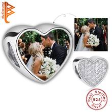 BELAWANG 925 Sterling Silver Sparkling Cubic Zirconia Heart Photo Charm Fit Bracelet Customize Photo Love Beads DIY Jewelry 2024 - buy cheap
