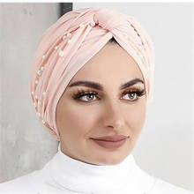 2021 moda muçulmana feminina elástico algodão turbante boné torção chapéu indiano bandagem islâmica gorro pérolas turbante hijab boné 2024 - compre barato