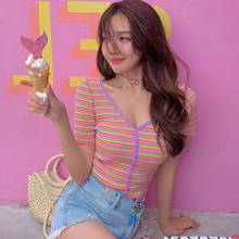 New T Shirt Women Striped Tops Harajuku Tshirt 2020 Summer Short Sleeve Knitted Fashion V Neck Korean Crop Top T-Shirt Women 2024 - buy cheap