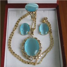 Elegante conjunto de joyería con incrustaciones de ópalo, collar, pendientes y anillo, azul cielo/verde, blanco, 18kgp 2024 - compra barato