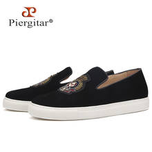 Piergitar black cow suede men sneakers with bullion embroidered patch handcrafted slip-on men casual shoes white rubber soles 2024 - buy cheap
