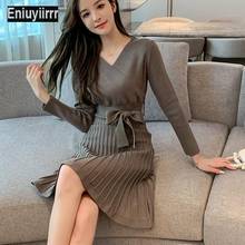 Women Winter Basic Wear A Line V Neck Mini Knitted Sweater Dress 2024 - buy cheap