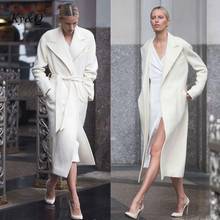 Женское длинное шерстяное пальто, элегантное белое пальто с длинными рукавами, поясом и лацканами, Осень-зима 2021 2024 - купить недорого