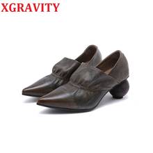 Xgravity c129 nova moda dedo do pé apontado bombas de salto bola sexy senhoras sapatos de couro genuíno étnico moda feminina sapatos vintage 2024 - compre barato