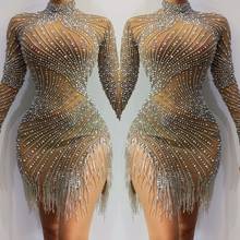 Disfraz sexy para mujer, vestido brillante de diamante y perlas, ropa para bailar desnuda con flecos, manga larga 2024 - compra barato