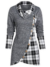 Wipalo Plaid Print Mock Button Overlap Tunic T-Shirt Women Autumn Long Sleeves Casual Shirts Turn-Down Collar Plus Size Tops 3xl 2024 - buy cheap