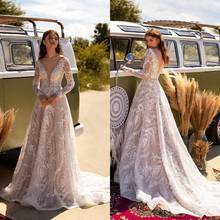 Bohemia Wedding Dresses V Neck Long Sleeves Appliques Lace Bridal Gowns Custom Made Button Back Sweep Train A Line Wedding Dress 2024 - buy cheap