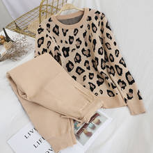 Fashion Retro Women Knitted Suits Leopard Long Sleeve O-neck Sweater + Lace Up Waist Pocket Harem Pants Korean Sets 2024 - buy cheap