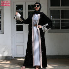 Чёрный кружевной бархатный абайя кимоно кардиган Дубайский хиджаб мусульманское платье женское турецкое ислам одежда Кафтан абайя s кафтан халат Kleding 2024 - купить недорого