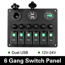 Painel de interruptor rocker 6 gang, para carro, barco marinho, circuito led, dc 12v/24v, voltímetro digital, porta usb dupla, painel de alumínio 2024 - compre barato