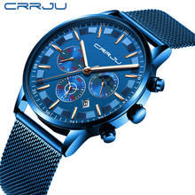 Crrju novo relógio masculino de aço inoxidável, relógio azul de quartzo esportivo para homens