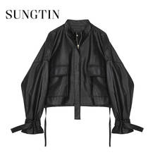 Sungtin New Black Loose Soft Faux Leather Jacket Women Pu Leather Jacket Casual Streetwear Biker Jacket Ladies Zipper Basic Coat 2024 - buy cheap