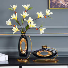 Criatividade vaso de cerâmica vazado estante de metal flor dourada acessórios decoração de casa flor vaso artesanato decoração 2024 - compre barato