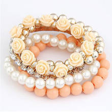 Boho Sweet Candy Color Imitation Pearl Rose Flower Beads Bracelet Set Stretch Charm Bracelet & Bangle For Women pulseras mujer 2024 - buy cheap