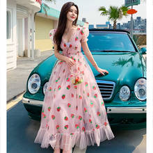 Vestido bordado feminino de morango, vestido longo de verão com lantejoulas gola v manga bufante imperial boêmia de malha férias cor-de-rosa 2024 - compre barato