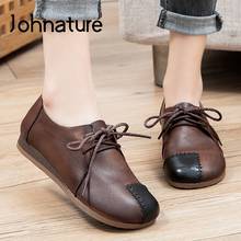 Johnature Spring/Autumn Flats Women Shoes Genuine Leather 2022 New Lace-Up Mixed Colors Handmade Concise Shallow Ladies Shoes 2024 - buy cheap