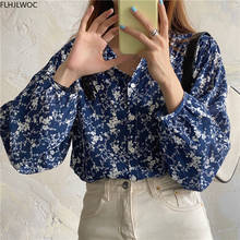 Bonito estilo coreano design outono primavera das mulheres manga longa casual solto floral impresso topos botão único breasted camisas s2650 2024 - compre barato
