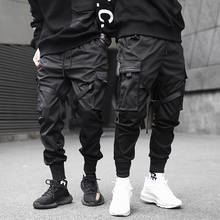 100% cotton 2021 Harem Joggers Harajuku Sweatpant Men Ribbon Color Block Black Pockets Cargo Pants Hip Hop Trousers 2024 - buy cheap