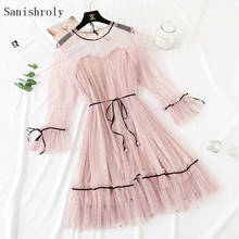 2021 Spring Autumn Women Star Sequined Lace Dress Sweet Tie Bow Flare Sleeve Mesh Dress Female Midi Princess Ball Gown Vestidos 2024 - buy cheap