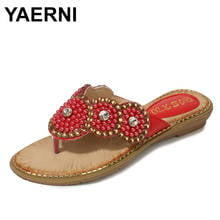 YAERNI girl outdoor casual vacation slippers thongs slippers women round toe rhinestone low heel sewing shoes woman 2024 - buy cheap