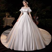 2022 New Pure White Luxury Satin Wedding Dress With Sweep Train Simple O Neck Short Sleeve Custom Made Slim Bridal Dress 2024 - buy cheap