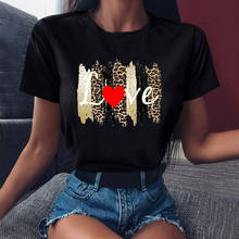 Camiseta feminina de manga curta leopardo amor coração impresso primavera moda senhora roupas tshirt feminino t topo senhoras gráfico preto 2024 - compre barato