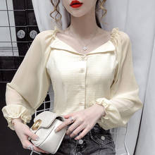 Women's Spring Autumn Style Blouse Shirt Women's V-Neck Puff Sleeve Solid Color Button Elegant Sweet Tops SP1063 2024 - buy cheap