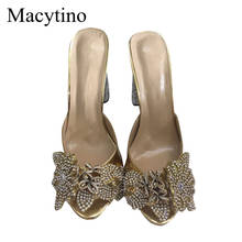 10cm Crystal Chunky Heel Gold Mules Summer Leather Dress Shoes Women Slippers Beading Flower High Heel Slippers Shoes 2024 - compre barato