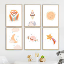 Pintura sobre lienzo de arcoíris, tierra, cohete, sol, luna, estrellas, carteles nórdicos e impresiones, imágenes de pared de dibujos animados para decoración de habitación de niños 2024 - compra barato