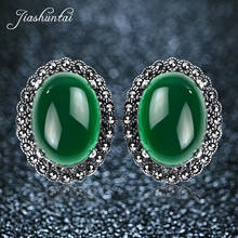 ZHJIASHUN Retro Natural Chalcedony Agate Clip Earrings 100% 925 Sterling Silver For Women Gemstones Stud Earrings Jewelry 2024 - buy cheap