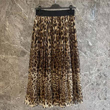 Saia feminina de seda estampa de leopardo, alta qualidade, viagem, férias, festa, comprimento médio, verão 100% 2024 - compre barato