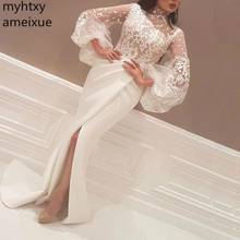 New Plus Size High Neck Long Sleeve White Evening Dresses 2021 Slit Sexy Muslim Dress Dubai Kaftan Cheap Gowns Robe De Soiree 2024 - buy cheap