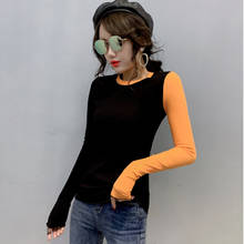 #5513 Spliced Color Knitted T-shirt Women O Neck Sexy Slim Top Female Long Sleeved Stretch Tight Women T Shirt Spring Autumn 2024 - buy cheap