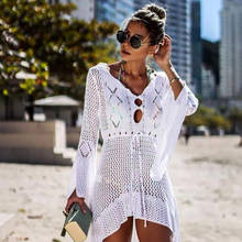 2022 New White Crochet Bikini Cover Up Sexy Hollow Out Tunics Beach Dress Summer Women Swimwear Wrap Pareo Beachwear Cover Ups 2024 - buy cheap