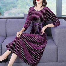 Vestido largo de terciopelo para mujer, prenda holgada de manga 3/4 con estampado de rayas de cintura alta y lazo Morado para primavera y otoño 2024 - compra barato