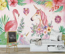 Papel de parede beibehang com pena de flamingo pintado à mão, para quarto infantil, sala de estar, quarto, mural 3d 2024 - compre barato