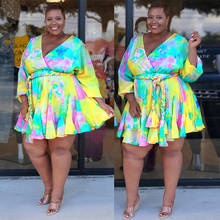 2022 Summer Women Plus Size Tatting Mini Dress Lady's Sexy Multicolor Printing V-neck Full Sleeve Sashes Lace-Up A-line Dresses 2024 - buy cheap