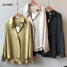 2022 Summer Spring Casual Blouse Women Fashion Long Sleeves Tops Korean Vintage Femme V Neck Shirts Elegant Sexy Silk Blouse 2024 - buy cheap