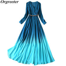 Женское длинное шифоновое платье с поясом, модное дизайнерское платье макси контрастных цветов с V-образным вырезом, длинным рукавом, рюшами и градиентом, лето-осень 2024 - купить недорого
