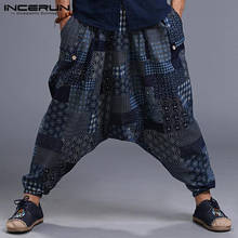 INCERUN Мужские Винтажные шаровары с принтом размера плюс, брюки с заниженной шаговой промежностью, мужские хлопковые повседневные брюки, уличные мешковатые брюки для мужчин 2024 - купить недорого