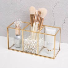 3-compartment Container Transparent Makeup Brush Storage Box Organizer Geometric Glass Makeup Brush Box Holder Storage Container 2024 - buy cheap