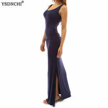 YSDNCHI Long Bodycon Dress Summer Elastic Pleated Waist Sleeveless Maxi Women Casual Round Neck High Split Black Sexy Vestidos 2024 - buy cheap