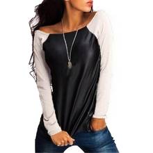 Top de cuero de imitación con cuello redondo para mujer, Top de moda de otoño, costura de bloque de Color, manga larga, cálido 2024 - compra barato