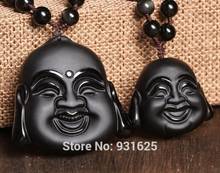 Colgante de Cabeza de Buda de risa tallada en obsidiana negra Natural, hermoso colgante de la suerte hecho a mano + collar gratis, joyería de moda 2024 - compra barato