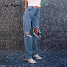 Sweetown corte angustiado calças de brim retas femininas preppy estilo 90s meninas streetwear casual alta wais hip hop calças jeans baggy 2024 - compre barato