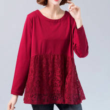 Lace Blouse Plus size Tunic Women Long sleeve Shirt Splice Elegant Ladies Casual Ruffle Top Red Black 2024 - buy cheap